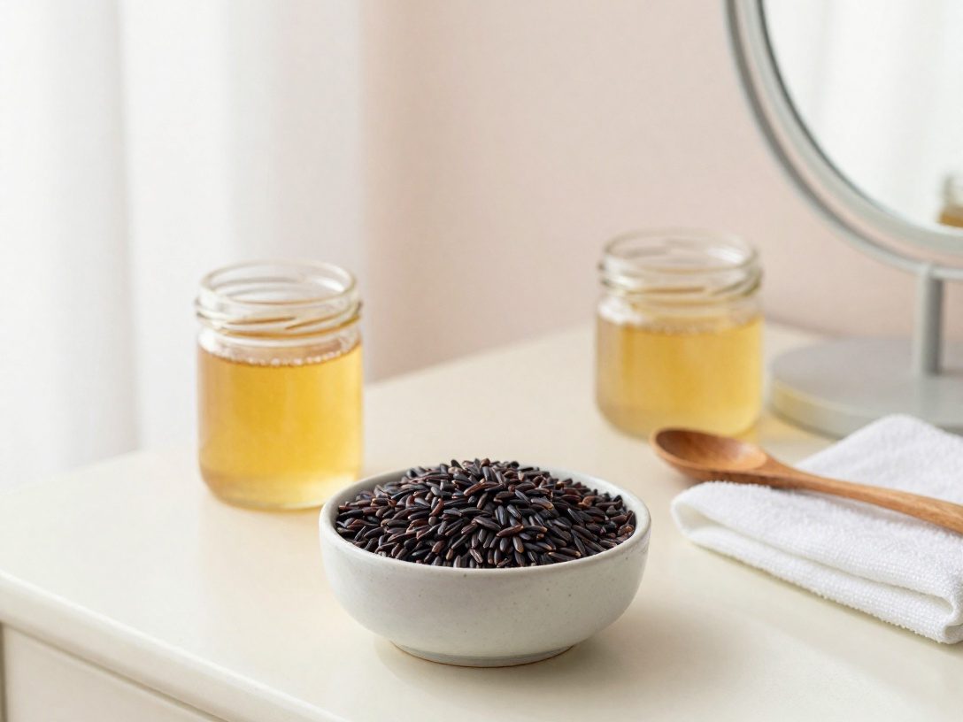 Arroz negro, mel e toalha na penteadeira