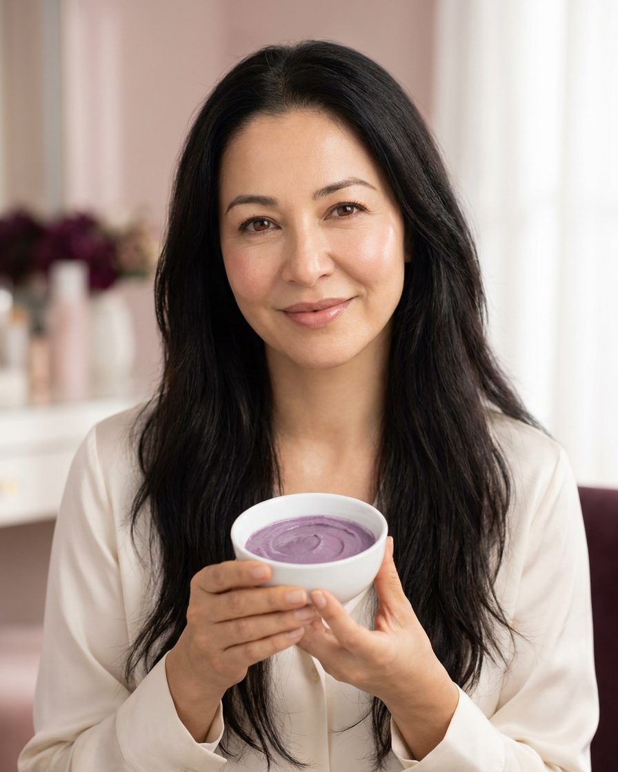 Luana Dalpiaz segurando a tigela de máscara de arroz roxo