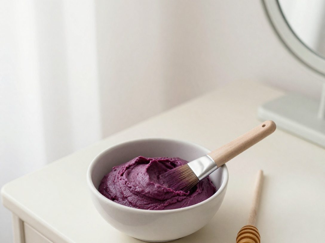 Tigela com a máscara de arroz roxo, cremosa, e um pincel